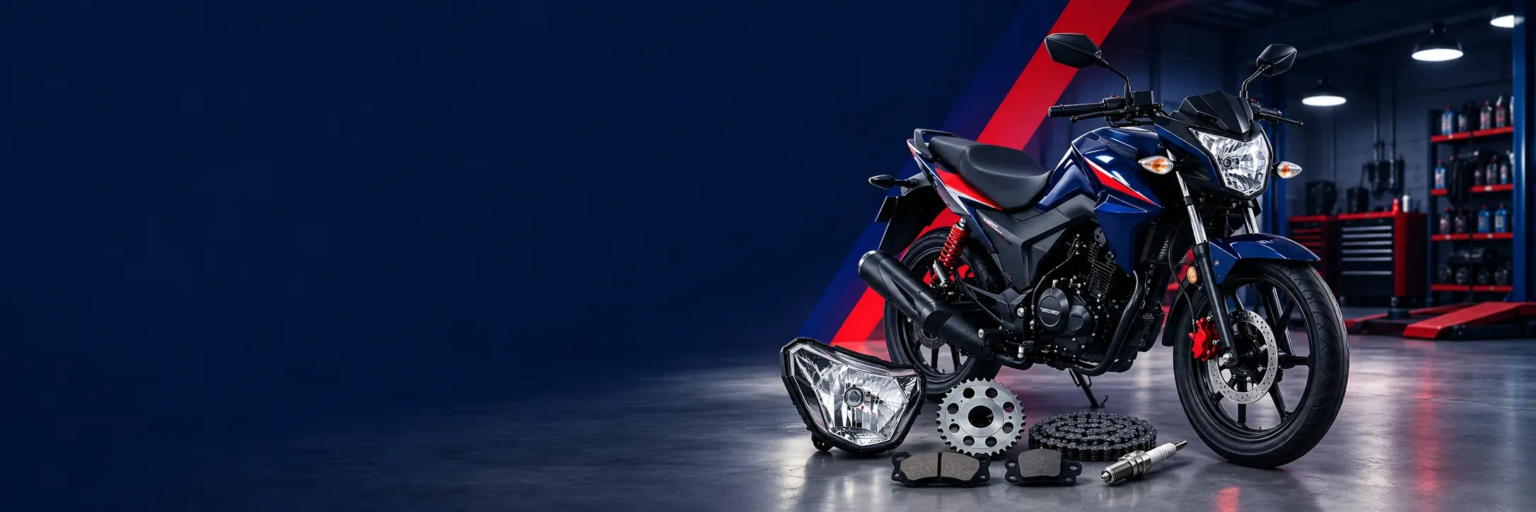 Motocicleta azul acompañada de refacciones y accesorios